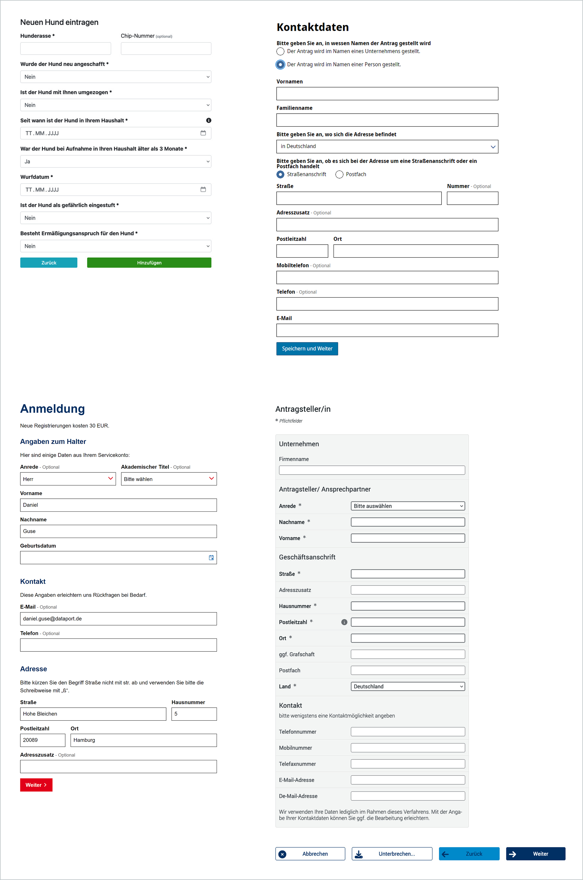 Ist-Zustand der Formulare ohne Navigationselemente.